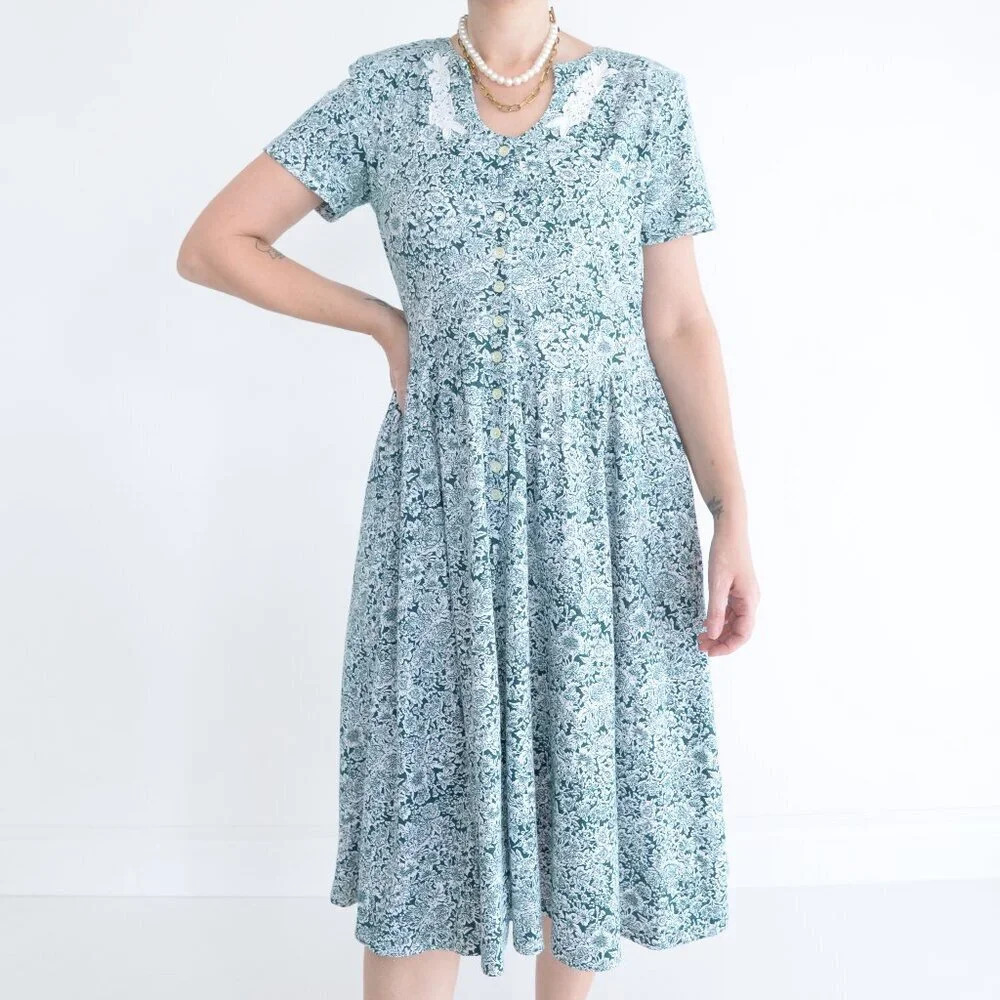 Vintage Ms Conduct Green White Floral Garden Prairie Cottage Midi Dress 12P